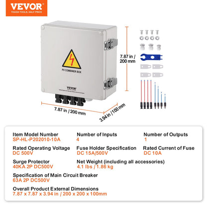 Solar PV Combiner Box 4 String 10A, IP65, ABS Case, 1.86 kg, DC 500V