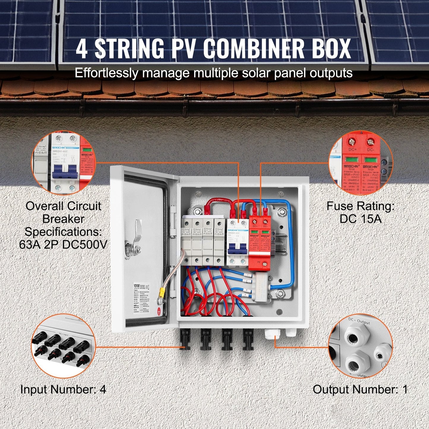 Solar PV Combiner Box 4-String 15A, Steel Case, IP65, 500V, 3.22 kg