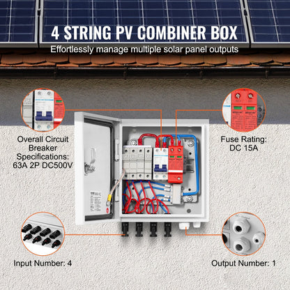 Solar PV Combiner Box 4-String 15A, Steel Case, IP65, 500V, 3.22 kg