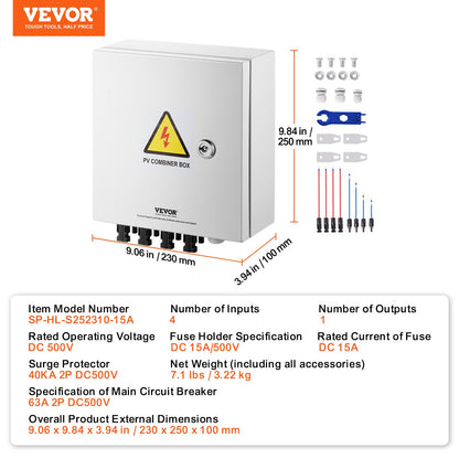VEVOR Solar PV Combiner Box 4 String 15A for Solar Panel System Steel Case IP65