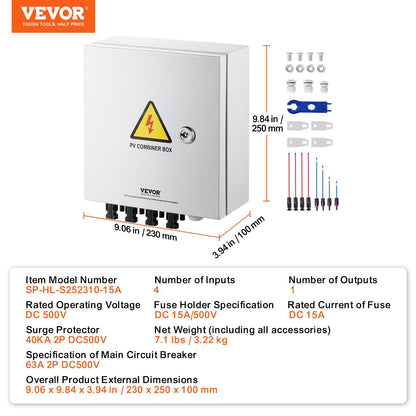 Solar PV Combiner Box 4-String 15A, Steel Case, IP65, 500V, 3.22 kg
