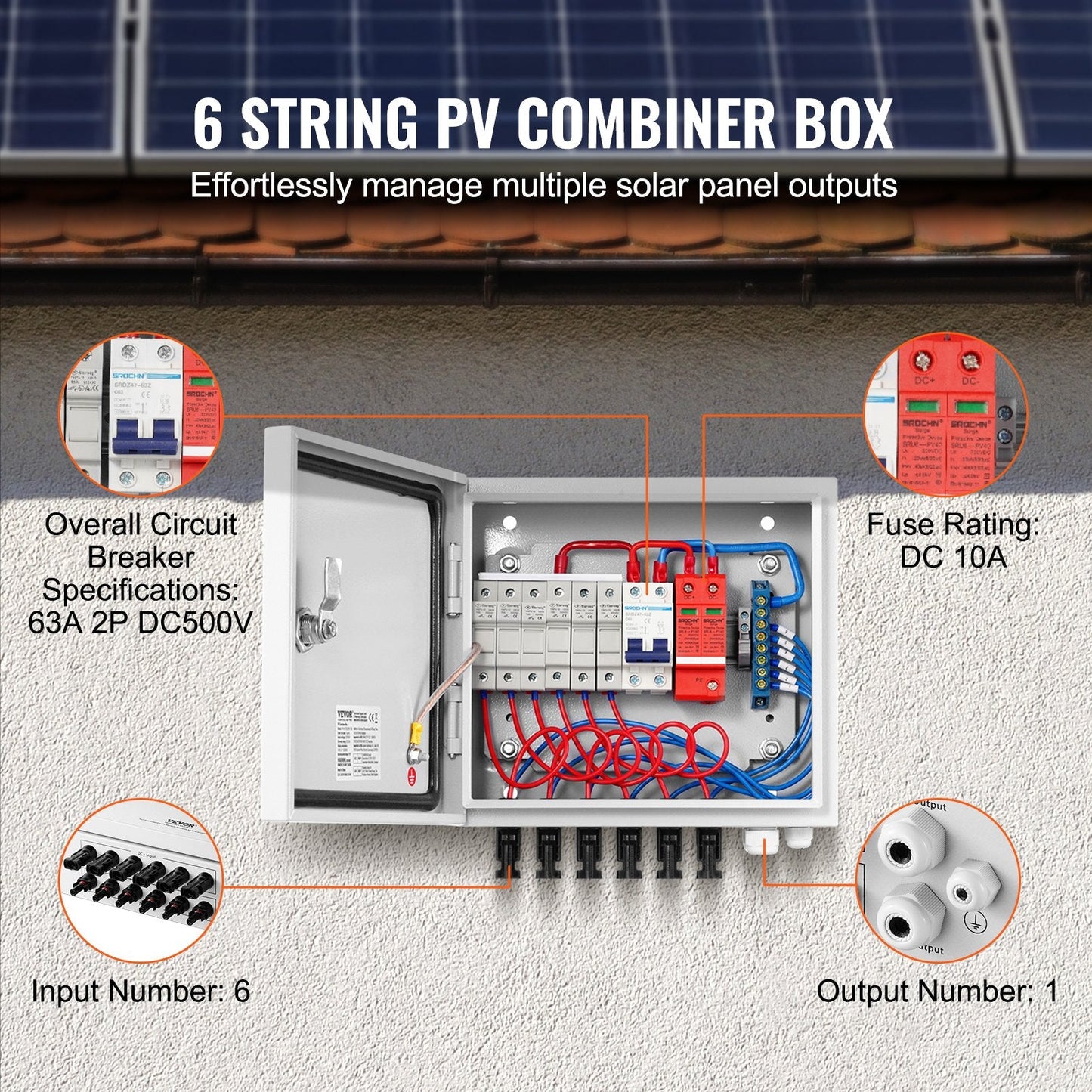 Solar PV Combiner Box 6-String 10A, IP65, 500V Surge Protection, Steel Case