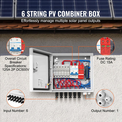 Solar PV Combiner Box 6 Strings 15A, IP65 Steel Case, Easy Install, 3.88 kg