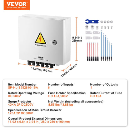Solar PV Combiner Box 6 Strings 15A, IP65 Steel Case, Easy Install, 3.88 kg