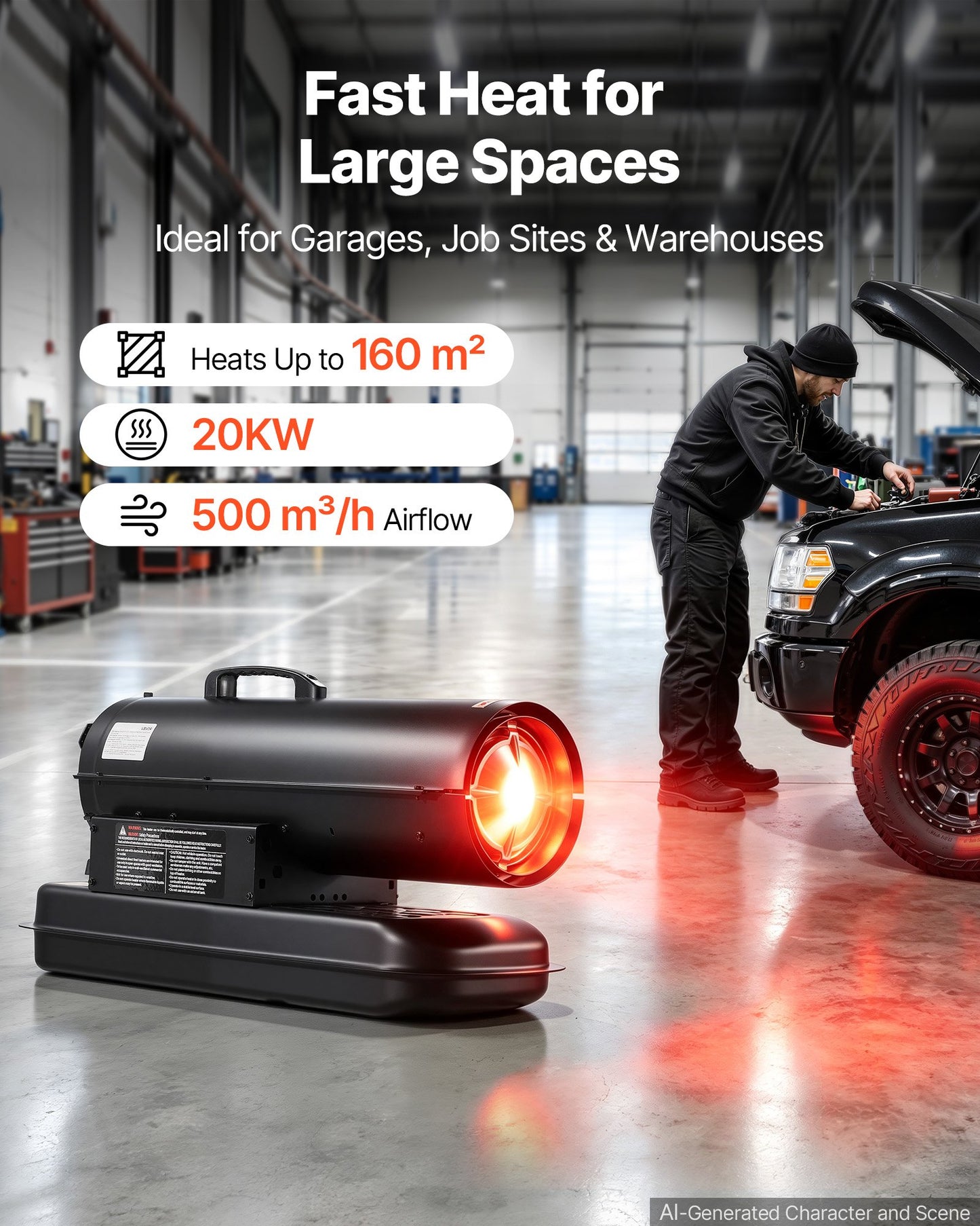 Forced Air Kerosene Heater, 20 kW Output Diesel Torpedo Space Heater, for Garage, Warehouse, Workshop, Job Site, Construction, Fast Heating, with Thermostat Control, Premium Carbon Steel, Black
