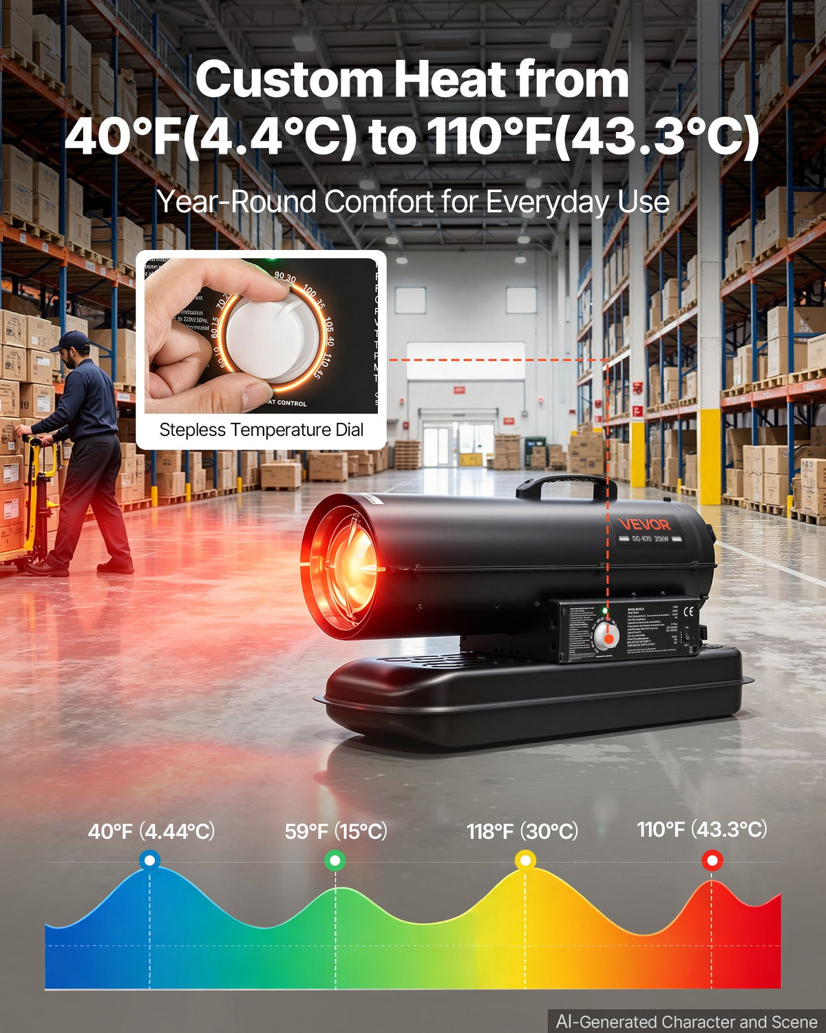 Forced Air Kerosene Heater, 20 kW Output Diesel Torpedo Space Heater, for Garage, Warehouse, Workshop, Job Site, Construction, Fast Heating, with Thermostat Control, Premium Carbon Steel, Black