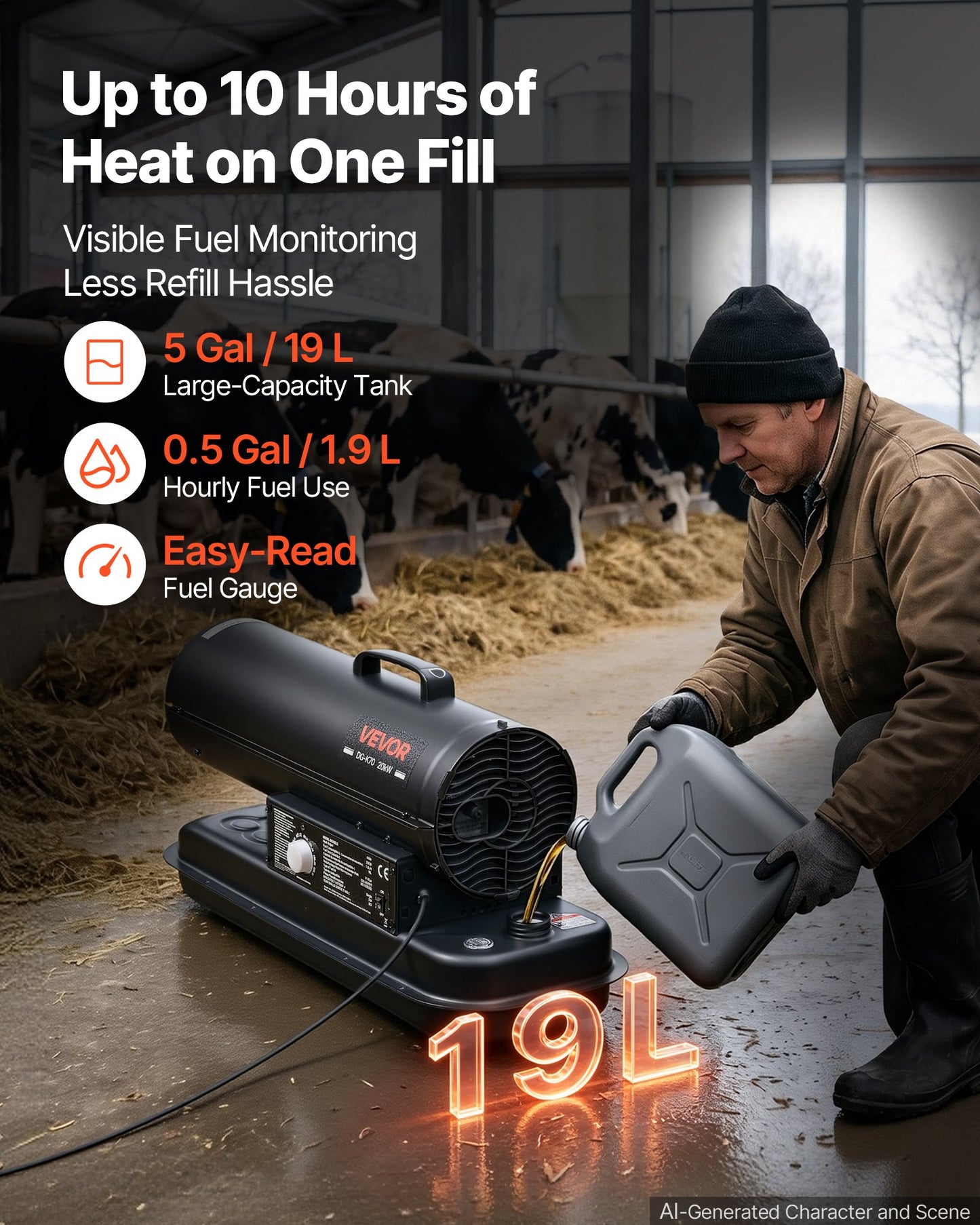 Forced Air Kerosene Heater, 20 kW Output Diesel Torpedo Space Heater, for Garage, Warehouse, Workshop, Job Site, Construction, Fast Heating, with Thermostat Control, Premium Carbon Steel, Black