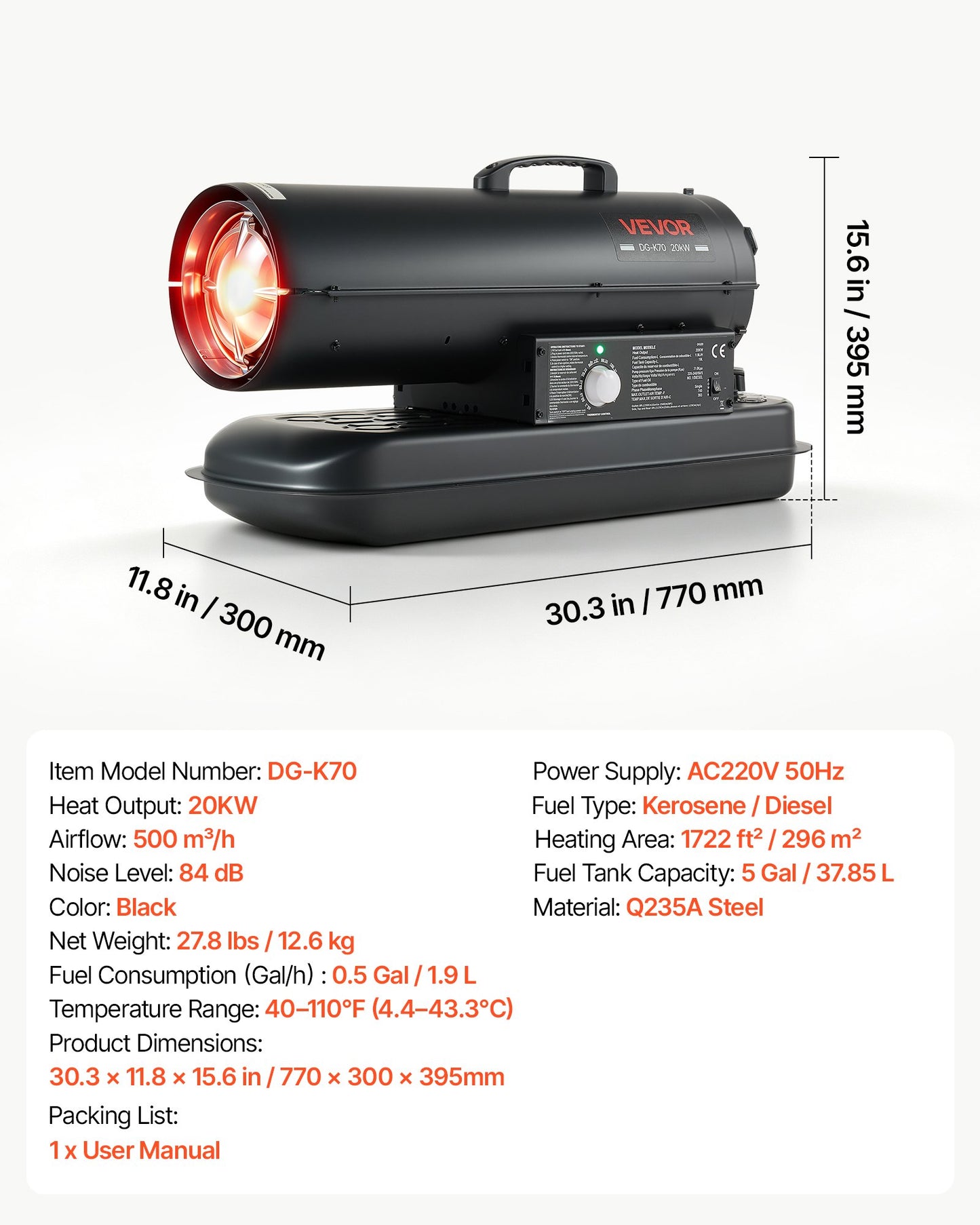 Forced Air Kerosene Heater, 20 kW Output Diesel Torpedo Space Heater, for Garage, Warehouse, Workshop, Job Site, Construction, Fast Heating, with Thermostat Control, Premium Carbon Steel, Black