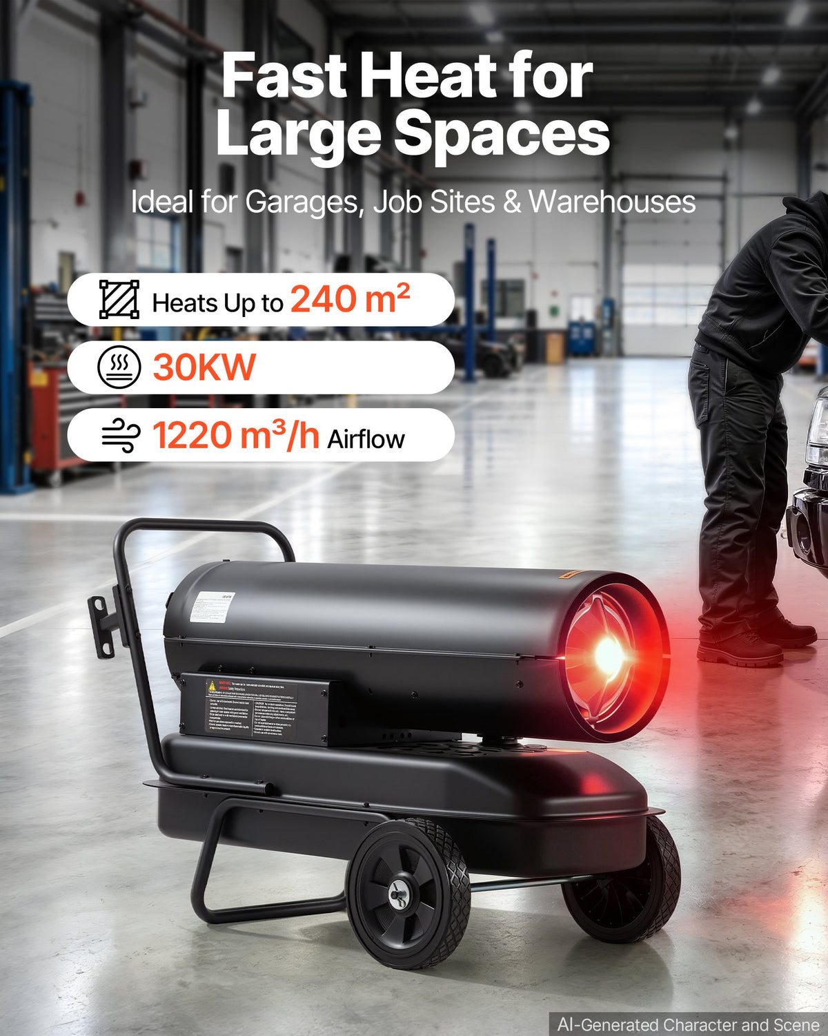 Forced Air Kerosene Heater, 30kW Portable Diesel Torpedo Space Heater, for Garage, Warehouse, Workshop, Job Site, Construction, Flexible with Wheels and Thermostat Control, Carbon Steel, Black