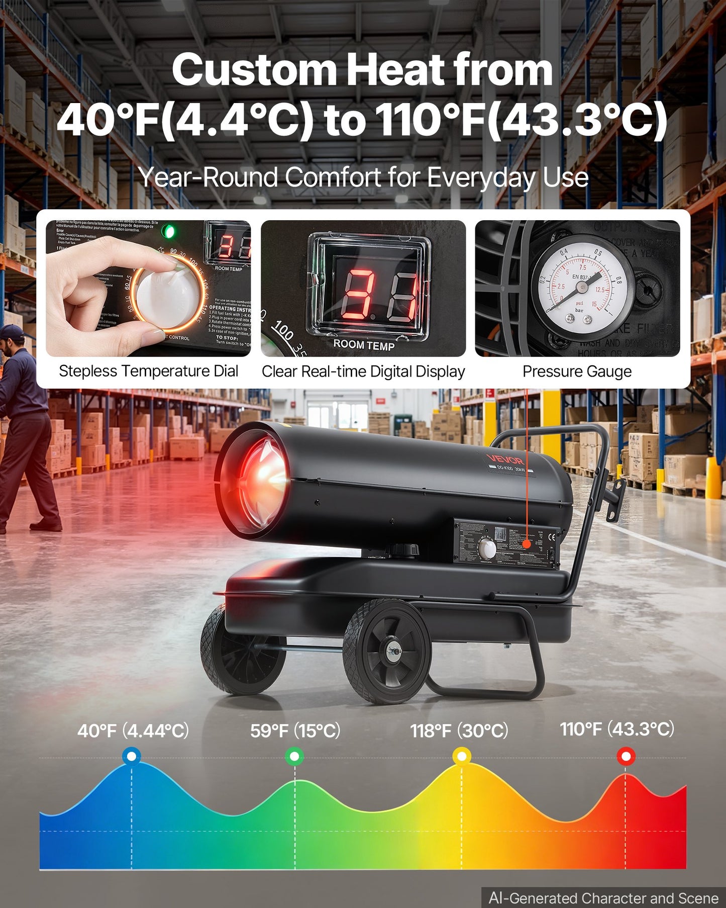 Forced Air Kerosene Heater, 30kW Portable Diesel Torpedo Space Heater, for Garage, Warehouse, Workshop, Job Site, Construction, Flexible with Wheels and Thermostat Control, Carbon Steel, Black