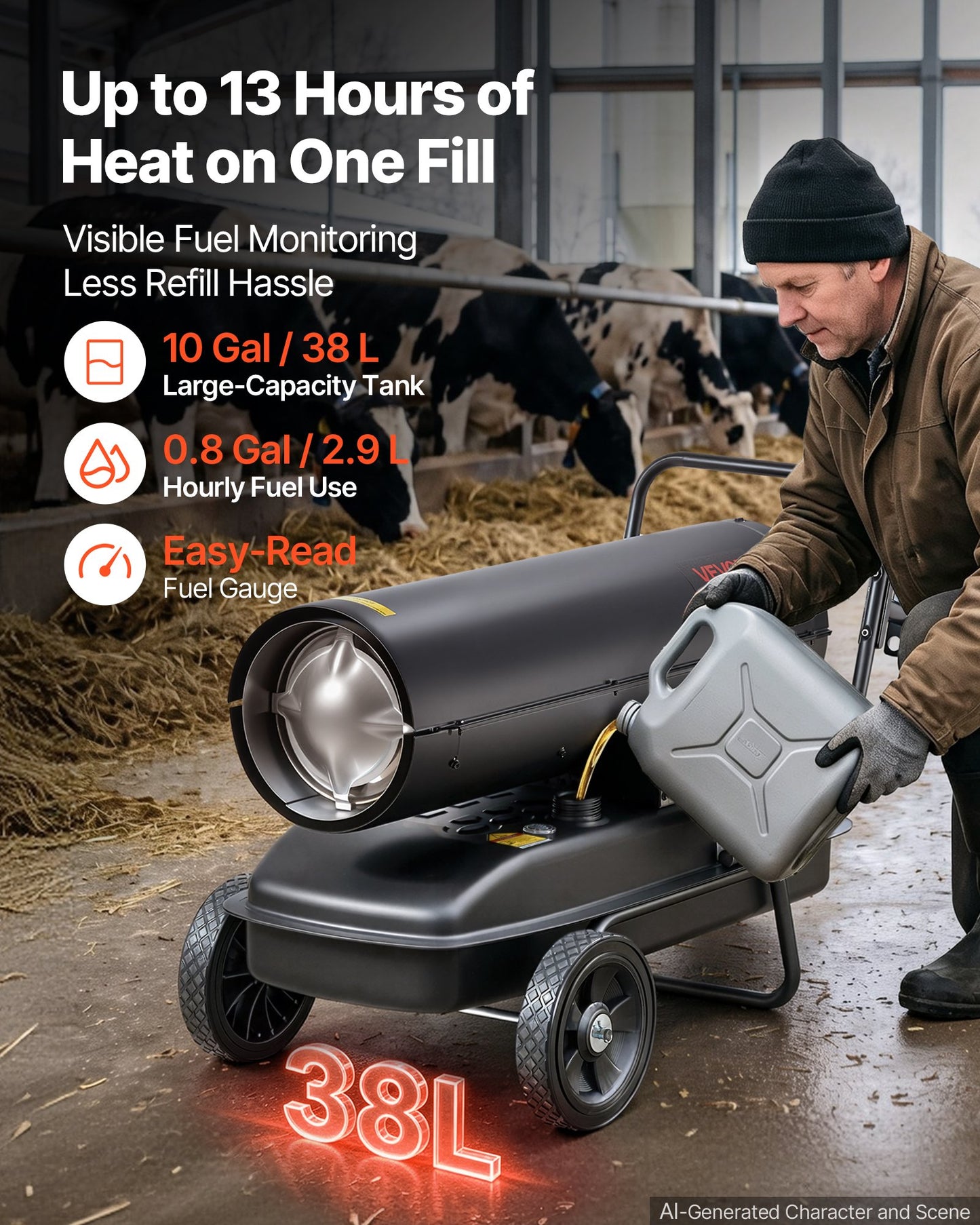 Forced Air Kerosene Heater, 30kW Portable Diesel Torpedo Space Heater, for Garage, Warehouse, Workshop, Job Site, Construction, Flexible with Wheels and Thermostat Control, Carbon Steel, Black
