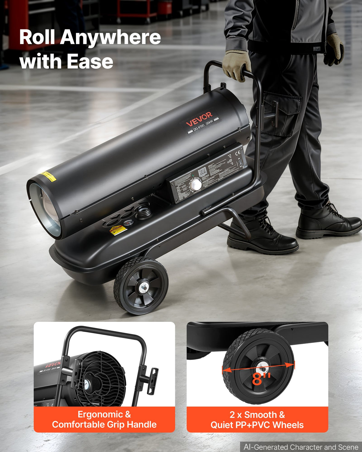 Forced Air Kerosene Heater, 30kW Portable Diesel Torpedo Space Heater, for Garage, Warehouse, Workshop, Job Site, Construction, Flexible with Wheels and Thermostat Control, Carbon Steel, Black