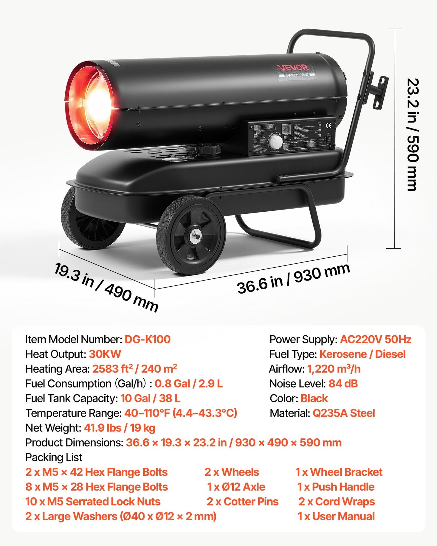 Forced Air Kerosene Heater, 30kW Portable Diesel Torpedo Space Heater, for Garage, Warehouse, Workshop, Job Site, Construction, Flexible with Wheels and Thermostat Control, Carbon Steel, Black