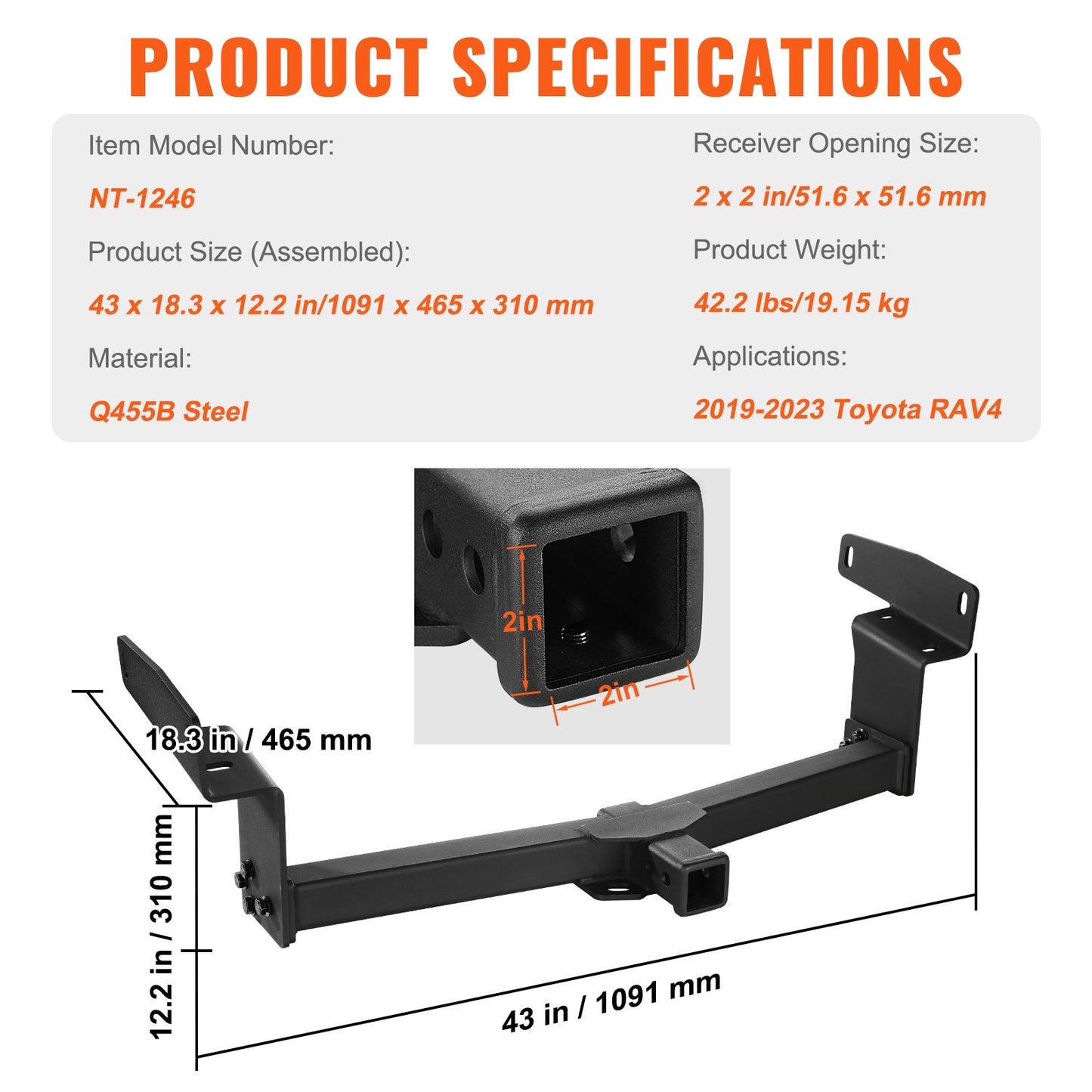 VEVOR Class 3 Trailer Hitch, 2-Inch Receiver, Q455B Steel Tube Frame, Compatible