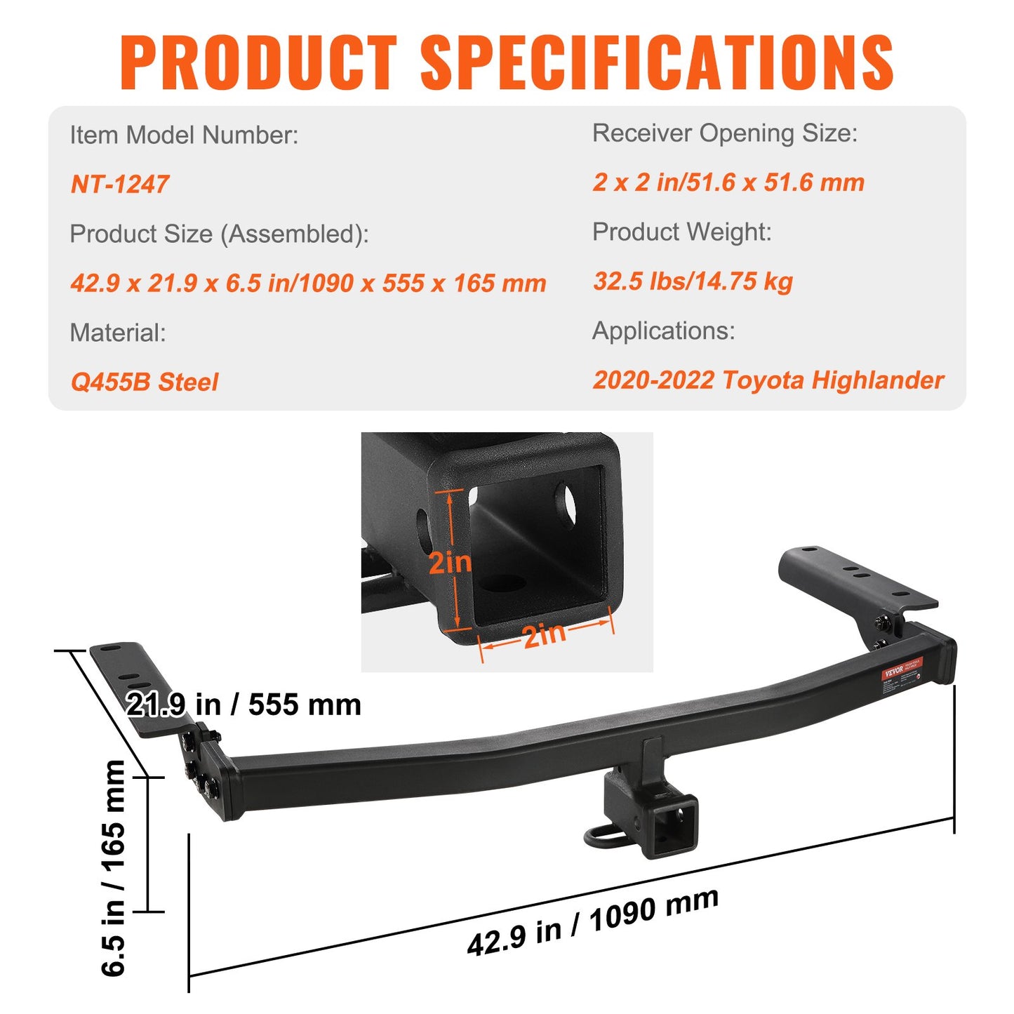 VEVOR Class 3 Trailer Hitch, 2-Inch Receiver, Q455B Steel Tube Frame, Compatible