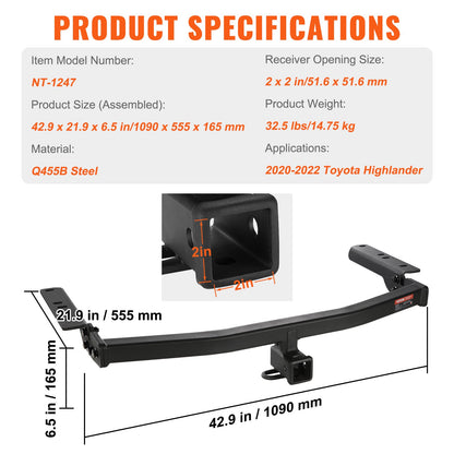 VEVOR Class 3 Trailer Hitch, 2-Inch Receiver, Q455B Steel Tube Frame, Compatible
