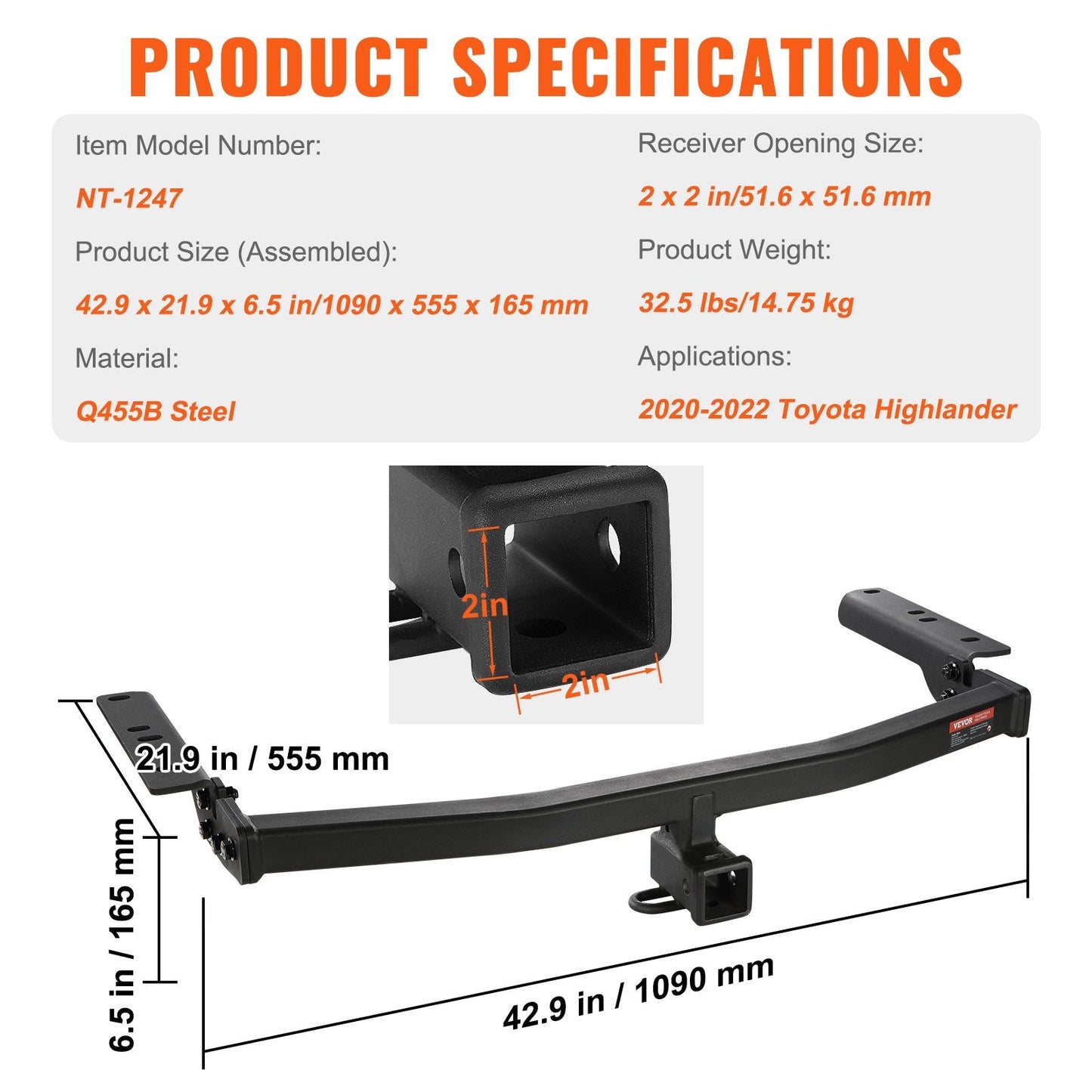 Class 3 Trailer Hitch for 2020-2023 Toyota Highlander, 0.05m Receiver