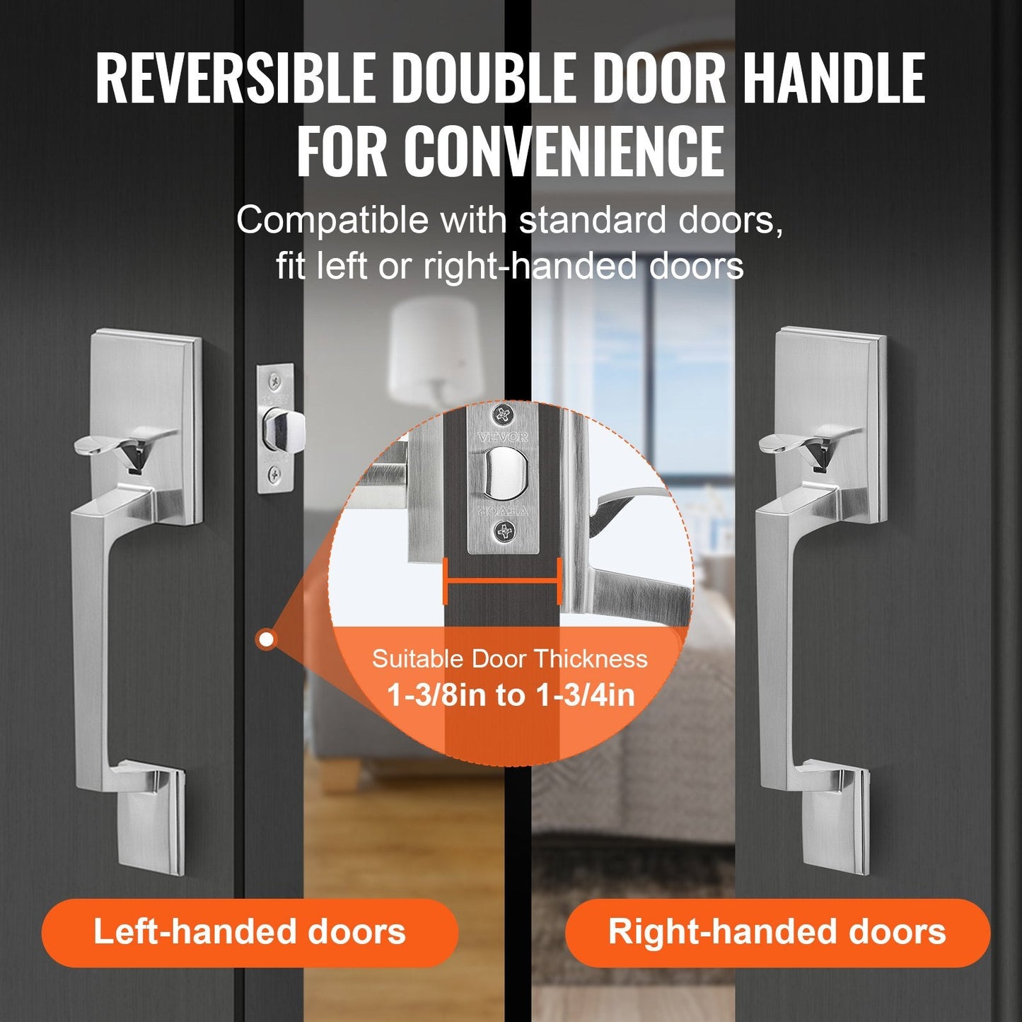 Satin Nickel Square Door Handle Set with Lever, Adjustable for Any Door
