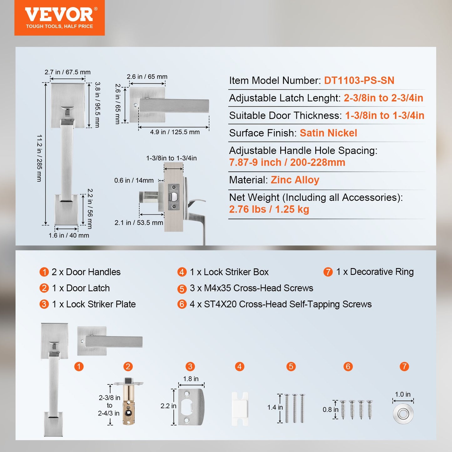 VEVOR Entry Door Handle, Satin Nickel Square Handle Set with Lever Door Handle No