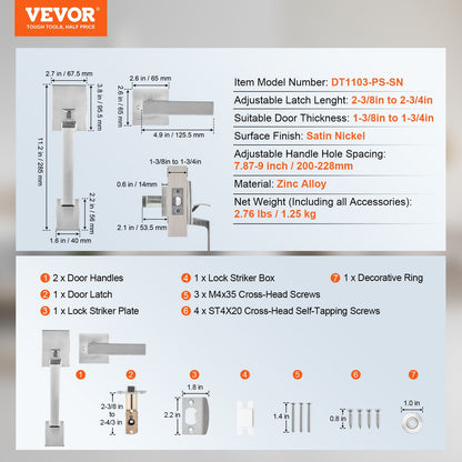 VEVOR Entry Door Handle, Satin Nickel Square Handle Set with Lever Door Handle No