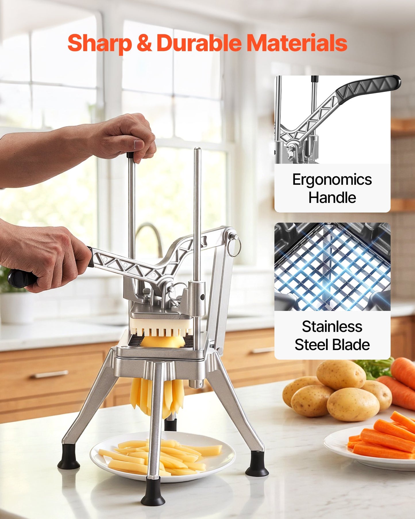 French Fry Cutter, Commercial Vegetable Chopper with 0.6 cm 420J2 Stainless Steel Blade, Lemon Potato Dicer & Fruit Slicer, with Ergonomic Handle and Non-slip Rubber Feet, for Restaurant Kitchen