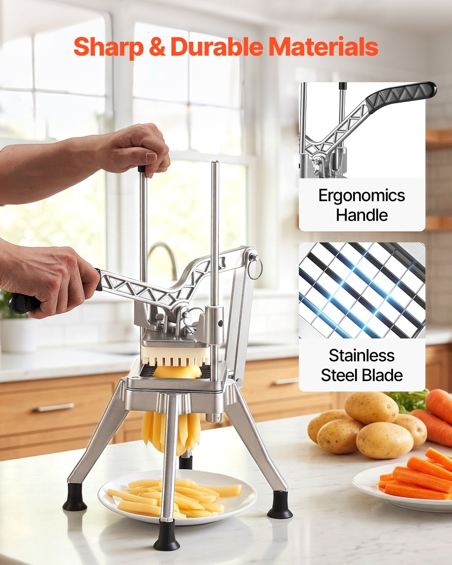 French Fry Cutter, Commercial Vegetable Chopper with 1.3 cm 420J2 Stainless Steel Blade, Lemon Potato Dicer & Fruit Slicer, with Ergonomic Handle and Non-slip Rubber Feet, for Restaurant Kitchen