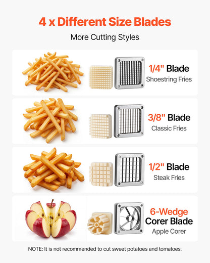 French Fry Cutter, Commercial Vegetable Chopper with 4 Replacement Blades, 1.3 cm, 0.9 cm, 0.6 cm Blade Easy Dicer Chopper and 6-wedge Apple Corer, 420J2 Stainless Steel, for Restaurant Kitchen
