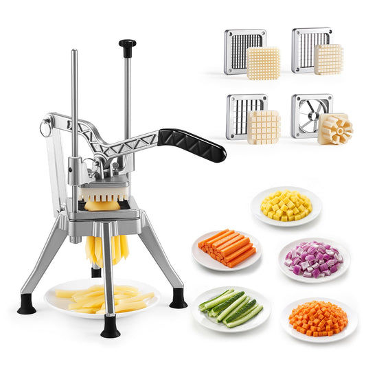 French Fry Cutter, Commercial Vegetable Chopper with 4 Replacement Blades, 1.3 cm, 0.9 cm, 0.6 cm Blade Easy Dicer Chopper and 6-wedge Apple Corer, 420J2 Stainless Steel, for Restaurant Kitchen
