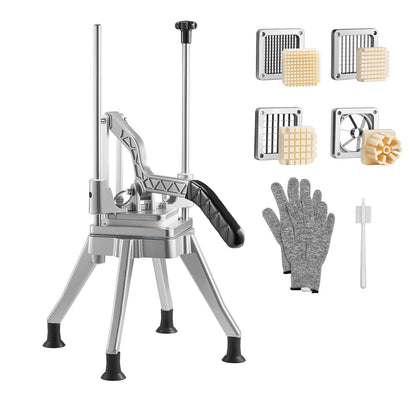 French Fry Cutter, Commercial Vegetable Chopper with 4 Replacement Blades, 1.3 cm, 0.9 cm, 0.6 cm Blade Easy Dicer Chopper and 6-wedge Apple Corer, 420J2 Stainless Steel, for Restaurant Kitchen