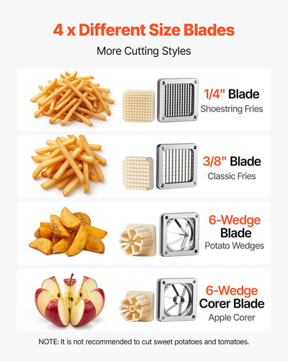 French Fry Cutter, Commercial Vegetable Chopper with 4 Replacement Blades, 0.6 cm, 0.9 cm Blade Easy Dicer Chopper, 6-wedge Slicer and 6-wedge Apple Corer, 420J2 Stainless Steel, Restaurant