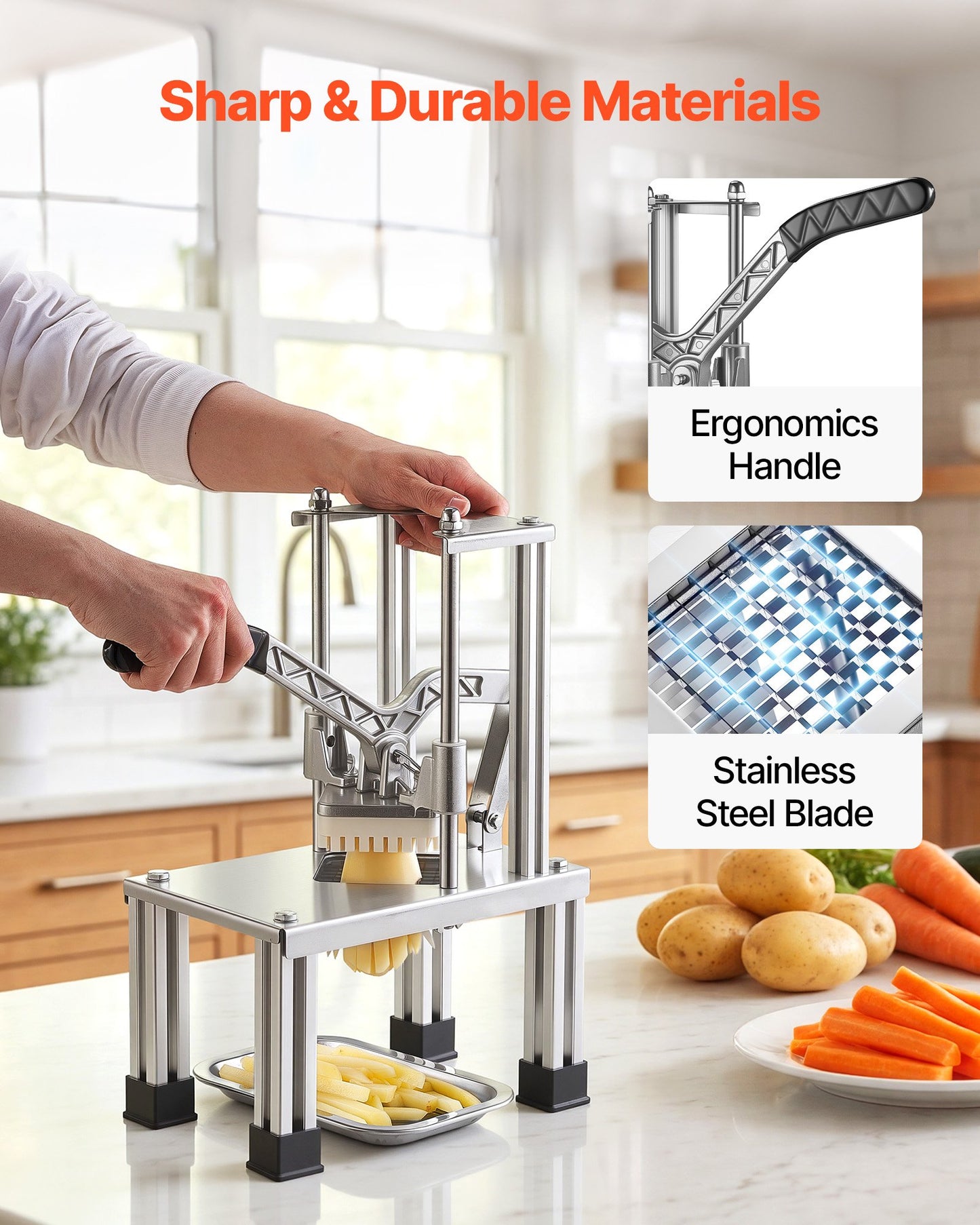 French Fry Cutter, Commercial Vegetable Chopper with 4 Replacement Blades, 0.6 cm, 0.9 cm Blade Easy Dicer Chopper, 6-wedge Slicer and 6-wedge Apple Corer, 420J2 Stainless Steel, Restaurant