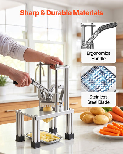French Fry Cutter, Commercial Vegetable Chopper with 4 Replacement Blades, 0.6 cm, 0.9 cm Blade Easy Dicer Chopper, 6-wedge Slicer and 6-wedge Apple Corer, 420J2 Stainless Steel, Restaurant