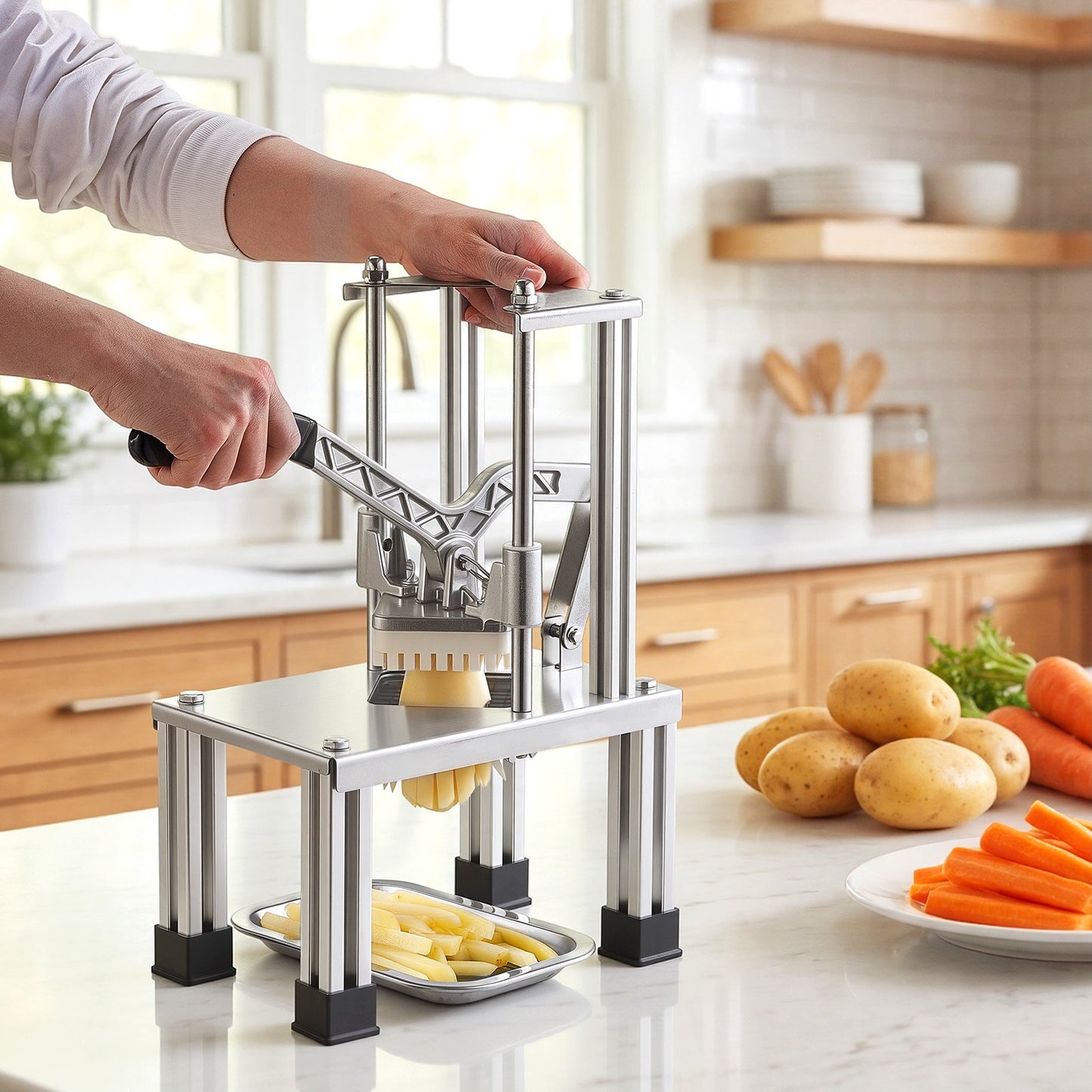 French Fry Cutter, Commercial Vegetable Chopper with 4 Replacement Blades, 0.6 cm, 0.9 cm Blade Easy Dicer Chopper, 6-wedge Slicer and 6-wedge Apple Corer, 420J2 Stainless Steel, Restaurant