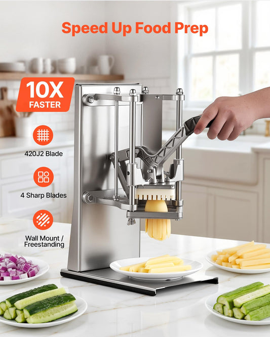 French Fry Cutter, Commercial Vegetable Chopper with 4 Replacement Blades, 0.6 cm, 0.9 cm Blade Easy Dicer Chopper, 6-wedge Slicer and 6-wedge Apple Corer, 420J2 Stainless Steel, Wall Mount