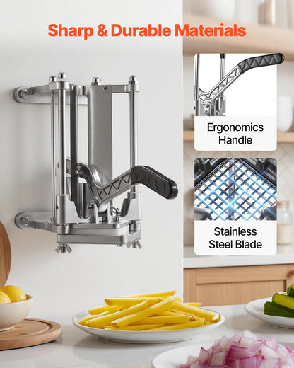 French Fry Cutter, Commercial Vegetable Chopper with 4 Replacement Blades, 0.6 cm, 0.9 cm Blade Easy Dicer Chopper, 6-wedge Slicer and 6-wedge Apple Corer, 420J2 Stainless Steel, Wall Mount