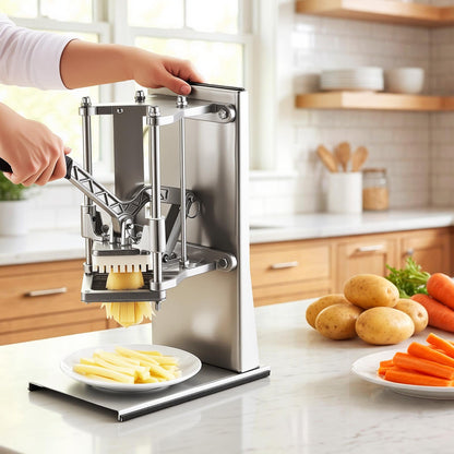 French Fry Cutter, Commercial Vegetable Chopper with 4 Replacement Blades, 0.6 cm, 0.9 cm Blade Easy Dicer Chopper, 6-wedge Slicer and 6-wedge Apple Corer, 420J2 Stainless Steel, Wall Mount