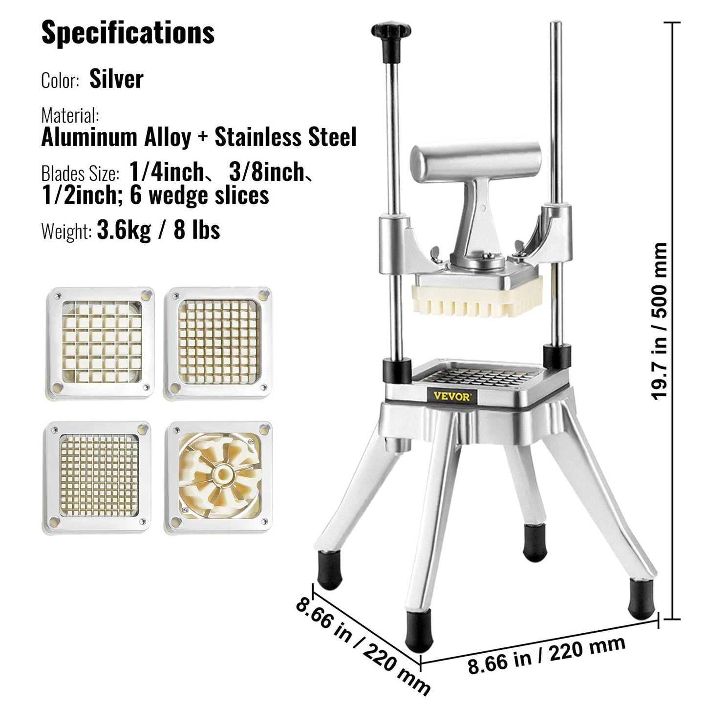 Commercial Vegetable and Fruit Cutter with 4 Blades and Tray, 3.8 kg, Silver