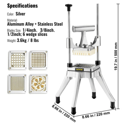 Commercial Vegetable and Fruit Cutter with 4 Blades and Tray, 3.8 kg, Silver