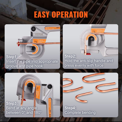 VEVOR Pipe Tube Bender, 1/4", 3/8", 1/2" OD, 3 in 1 Manual Level Tube Bender, 180°
