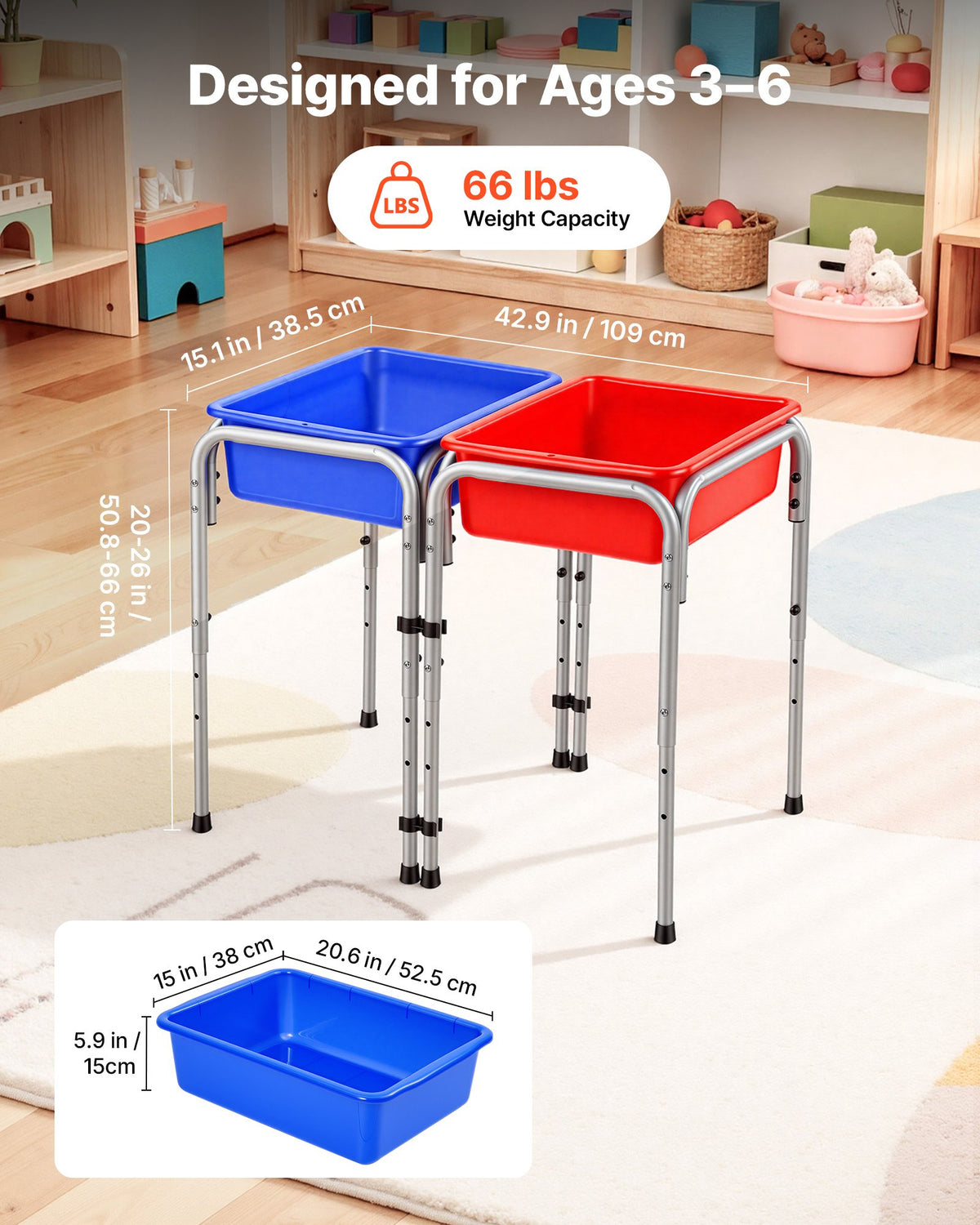 Sensory Table for Toddlers, Kids 2-Station Sand and Water Adjustable Play Table with Detachable Storage Bins and Non-Slip Feet, Carbon Steel Frame, Rounded Corners, for Boys and Girls Exploring