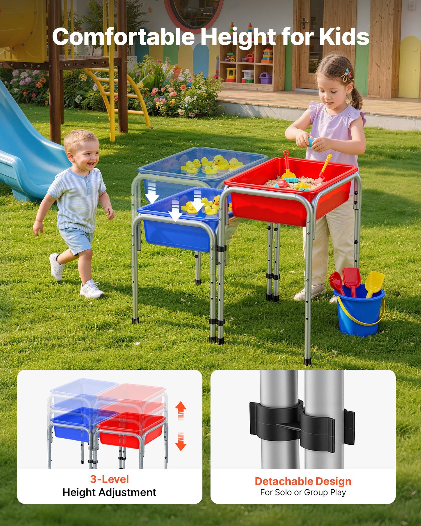 Sensory Table for Toddlers, Kids 2-Station Sand and Water Adjustable Play Table with Detachable Storage Bins and Non-Slip Feet, Carbon Steel Frame, Rounded Corners, for Boys and Girls Exploring