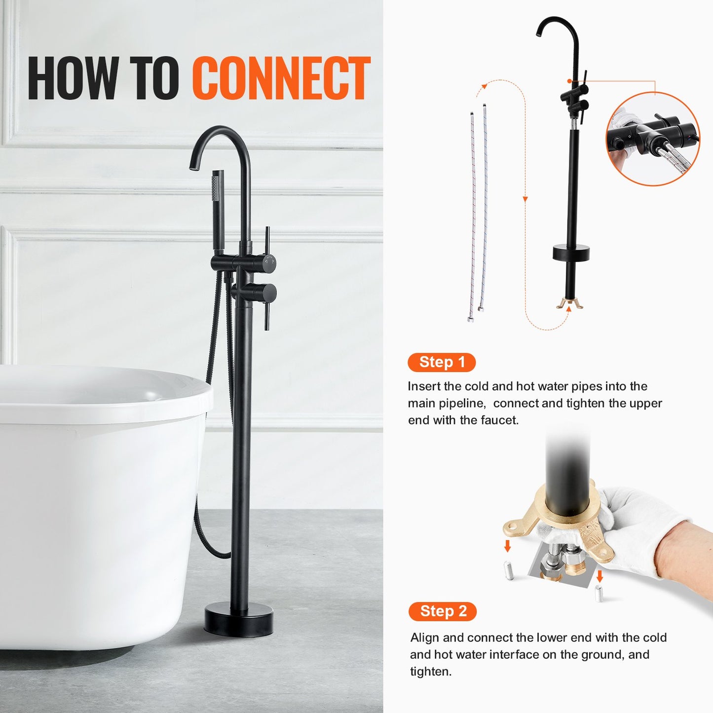 VEVOR Freestanding Bathtub Faucet Floor Mount Two Water Modes 360° for Bathing