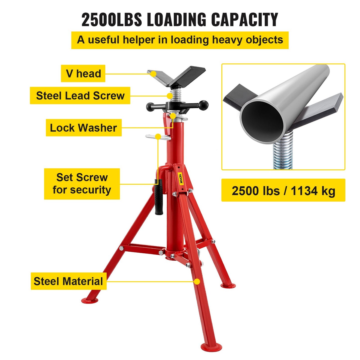 VEVOR Pipe Jack Stand V-Head and Folding Legs 2500lb Max. Height 42in
