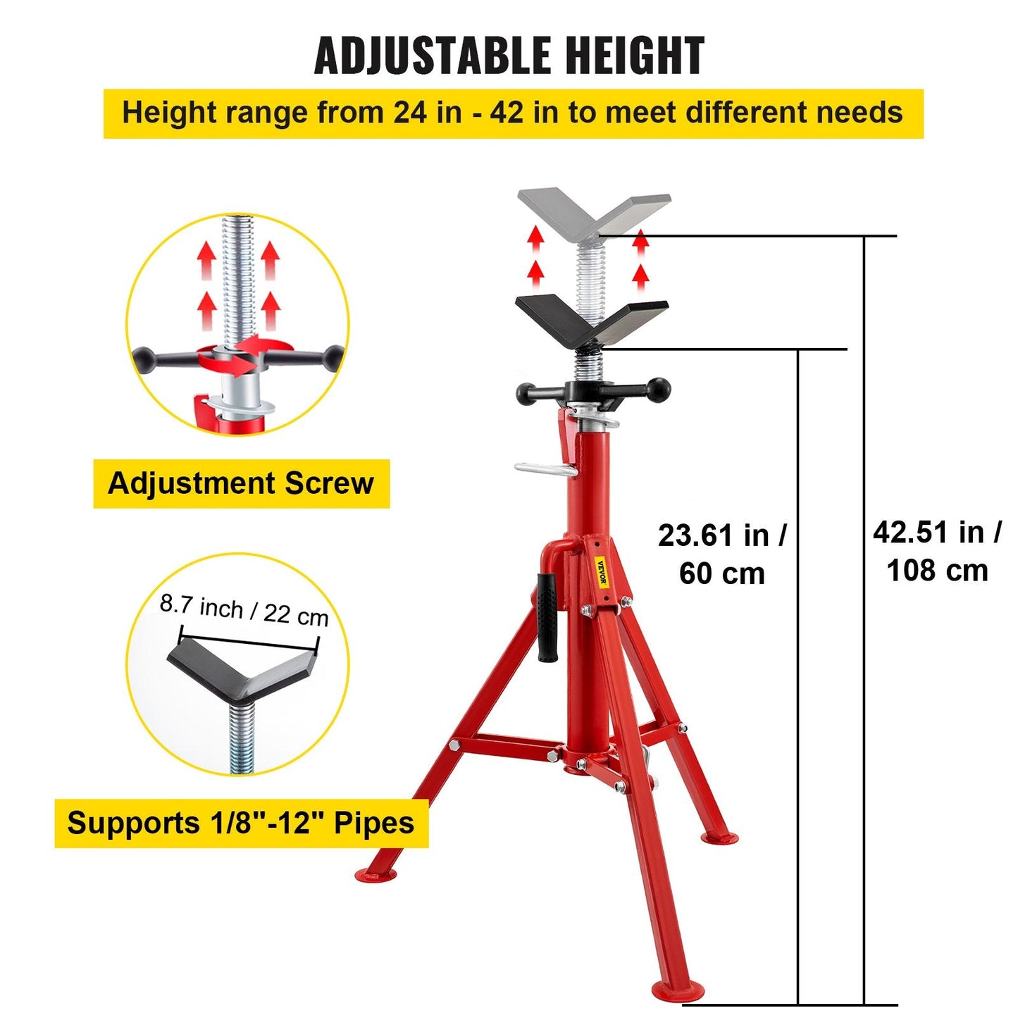 Pipe Jack Stand with V-Head, Folding Legs, Adjustable Height 0.61-1.07m, 1134kg Capacity