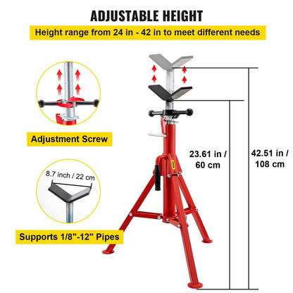 Pipe Jack Stand with V-Head, Folding Legs, Adjustable Height 0.61-1.07m, 1134kg Capacity
