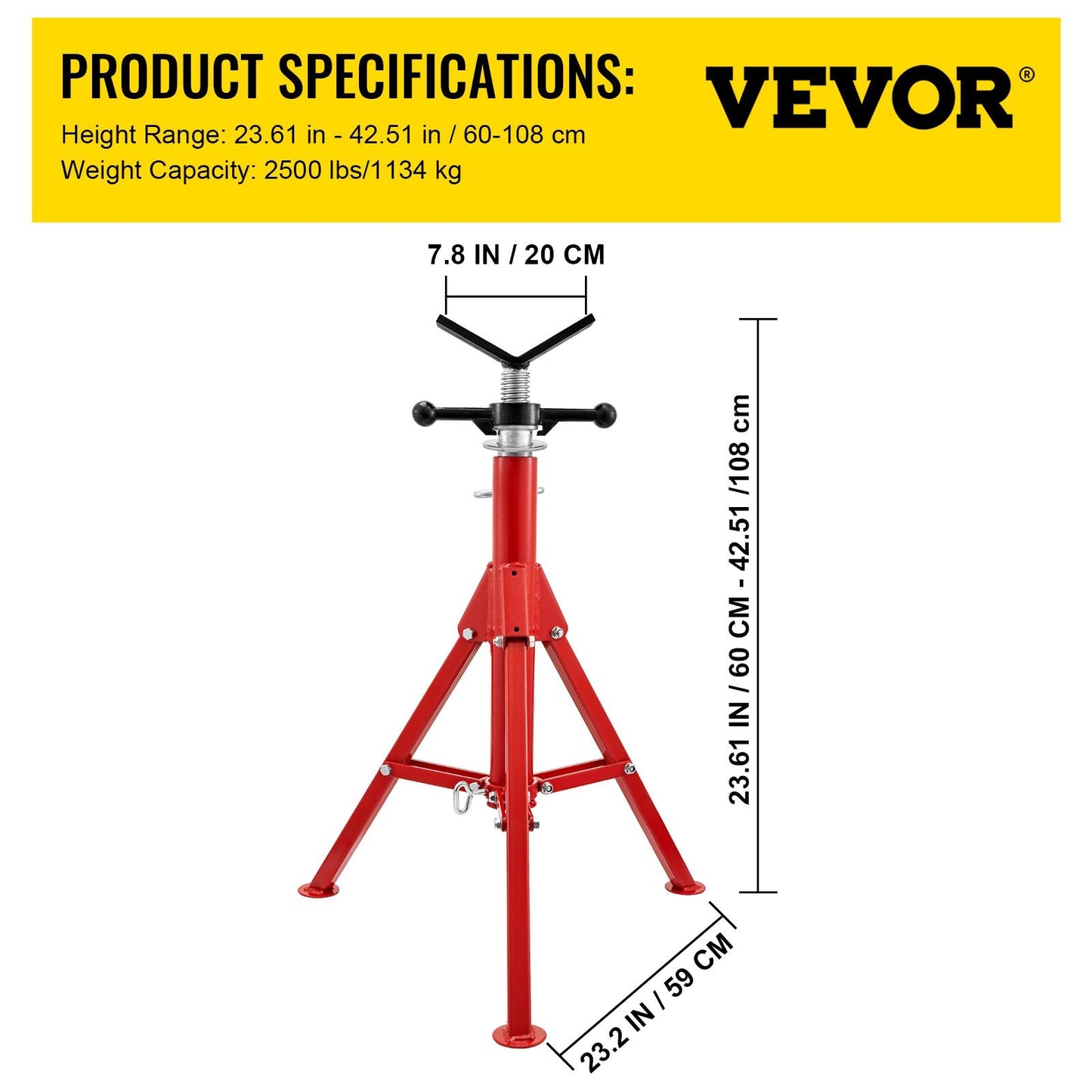 Pipe Jack Stand with V-Head, Folding Legs, Adjustable Height 0.61-1.07m, 1134kg Capacity