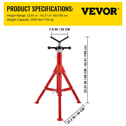 Pipe Jack Stand with V-Head, Folding Legs, Adjustable Height 0.61-1.07m, 1134kg Capacity
