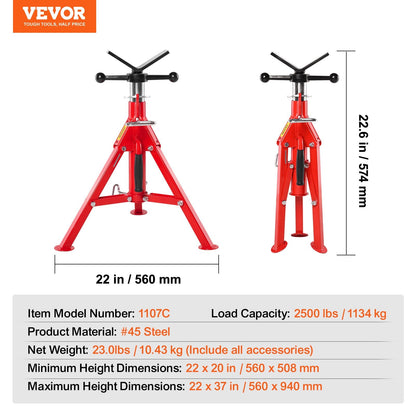 Adjustable V-Head Pipe Stand, 1/8"-12" Capacity, 51-94 cm Height, 1134 kg Load
