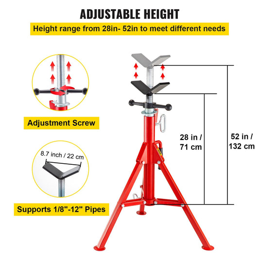 Adjustable V-Head Pipe Stand, 71-132 cm Height, 1134 kg Capacity, Steel Frame