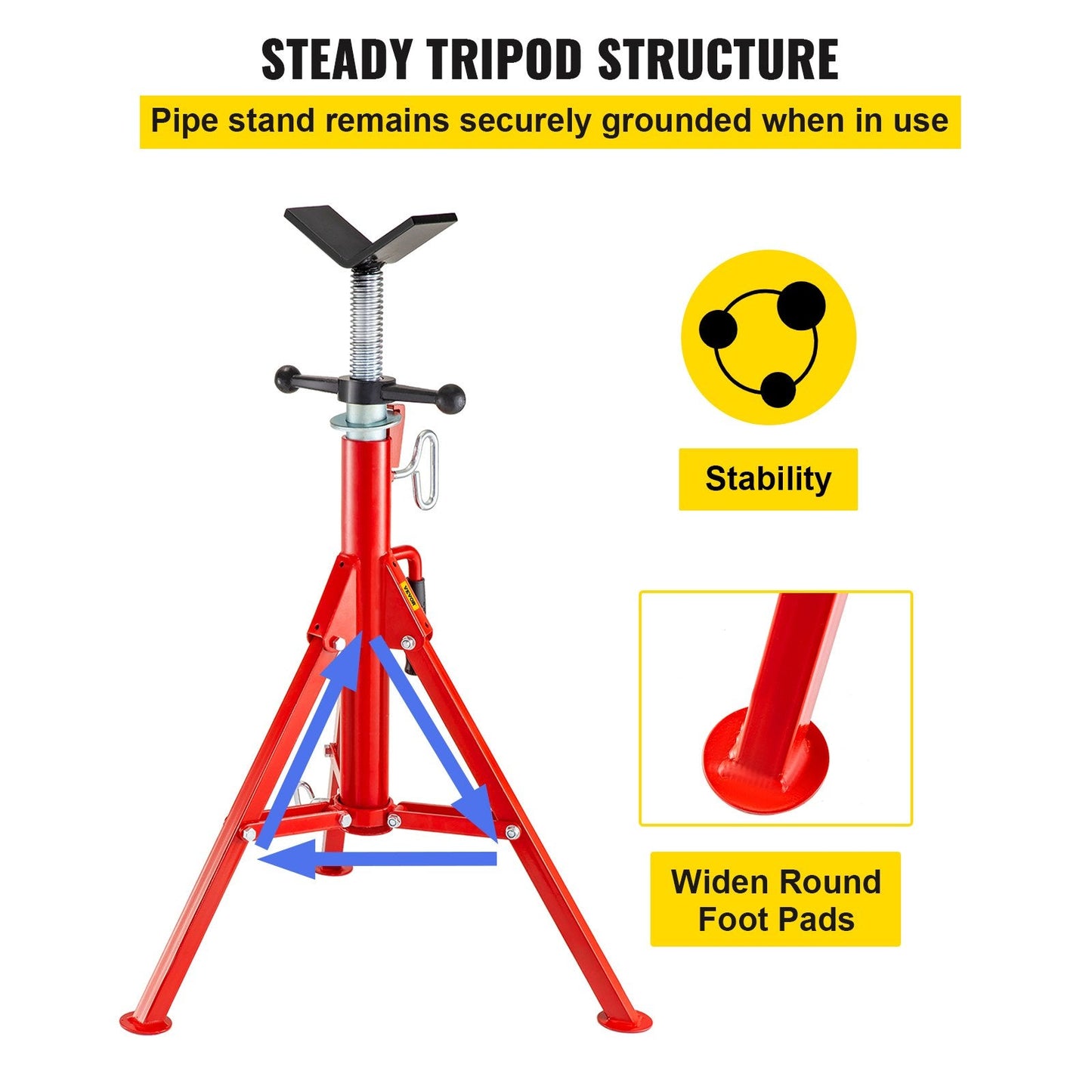 Adjustable V-Head Pipe Stand, 71-132 cm Height, 1134 kg Capacity, Steel Frame
